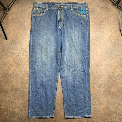 Jinzu 00s graphic baggy navy blue denim jeans