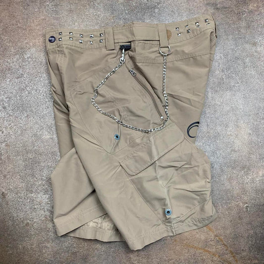 PLUSMINUS 00s beige graphic baggy studded cargo shorts