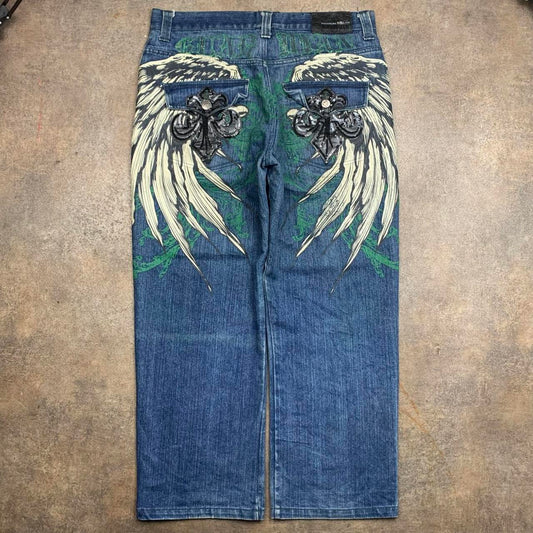 Raw Blue 00s baggy grunge graphic navy jeans