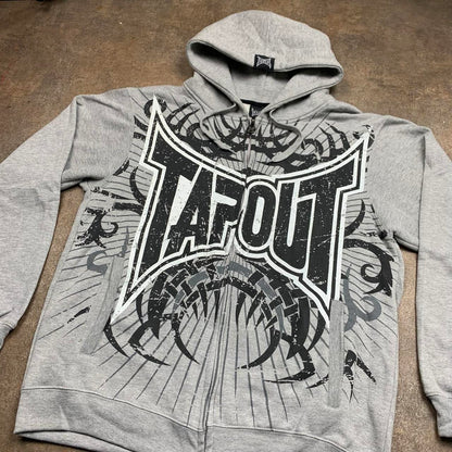 Tapout 00s graphic grey boxy grunge zip hoodie