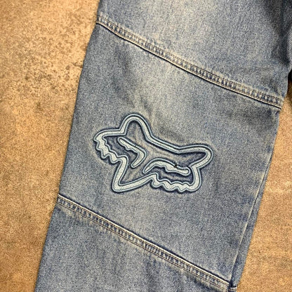 Fox Racing custom Akademiks baggy 90s graphic denim jeans