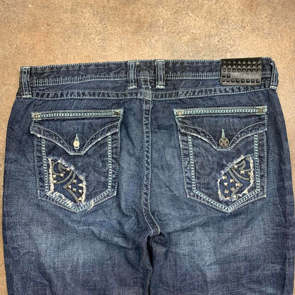 Affliction 00s flared baggy studded navy denim jeans
