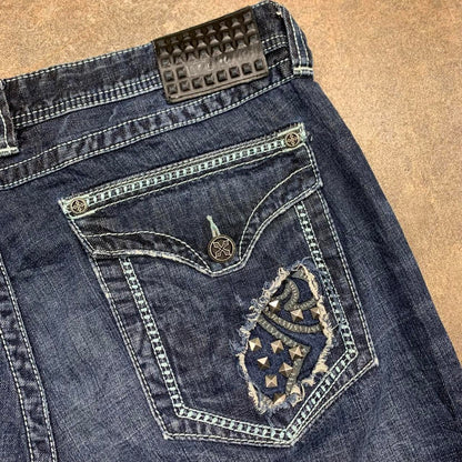 Affliction 00s flared baggy studded navy denim jeans