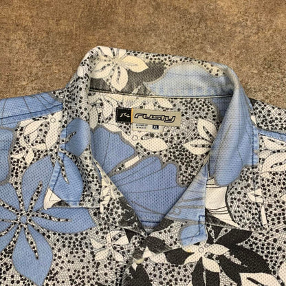 Rusty 00s white blue floral graphic Hawaiian shirt