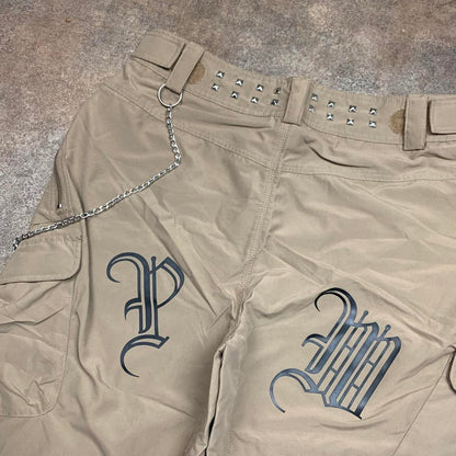PLUSMINUS 00s beige graphic baggy studded cargo shorts