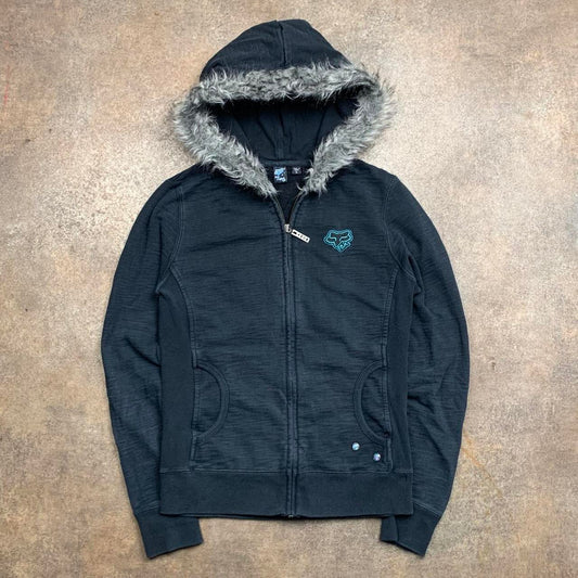 Fox Racing 00s womens black fur hood zip hoodie