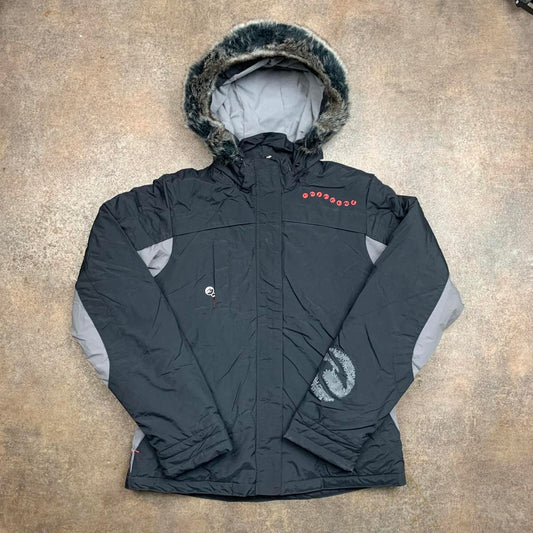 Rip Curl 00s black grey fur hood ski jacket