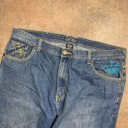 Jinzu 00s graphic baggy navy blue denim jeans