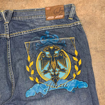 Jinzu 00s graphic baggy navy blue denim jeans