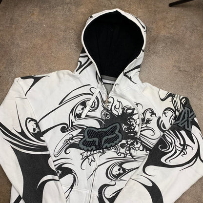 Fox Racing 00s white black grunge zip hoodie