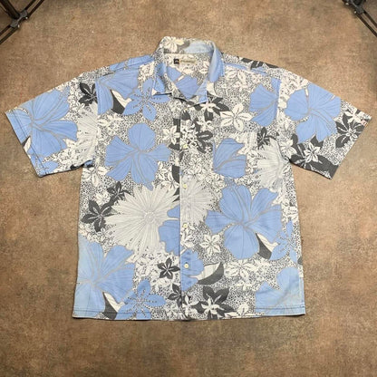 Rusty 00s white blue floral graphic Hawaiian shirt