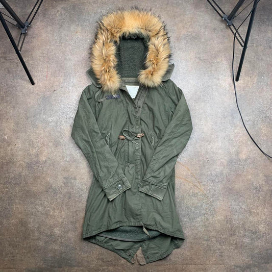 G.O.A. 00s khaki fur hood utilised long coat