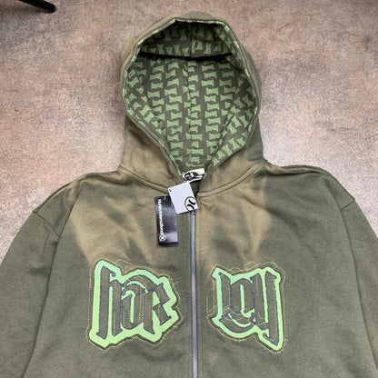 Hurley 00s khaki graphic boxy zip hoodie
