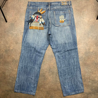 Miskeen 90s graphic baggy blue denim jeans