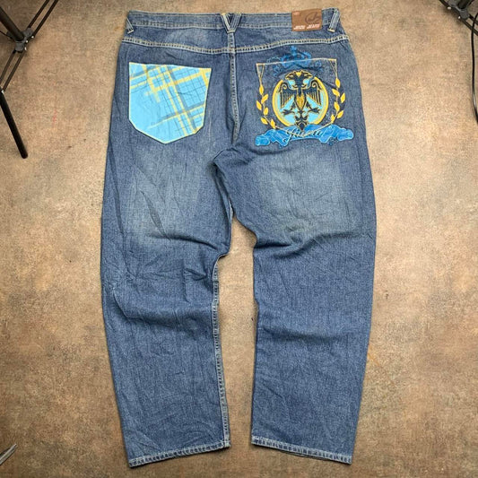 Jinzu 00s graphic baggy navy blue denim jeans