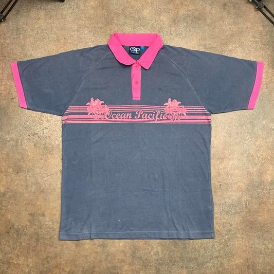 Ocean Pacific 00s grey pink graphic polo shirt