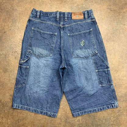 Rocawear 00s baggy navy blue carpenter graphic denim jorts