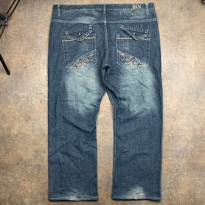Brooklyn Xpress 90s embroidered navy blue faded denim jeans
