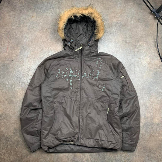 Rip Curl 00s brown ski fur hood graphic jacket