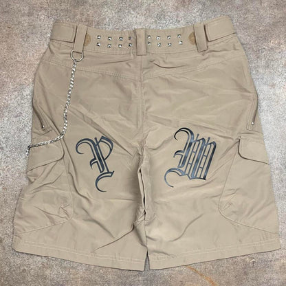 PLUSMINUS 00s beige graphic baggy studded cargo shorts
